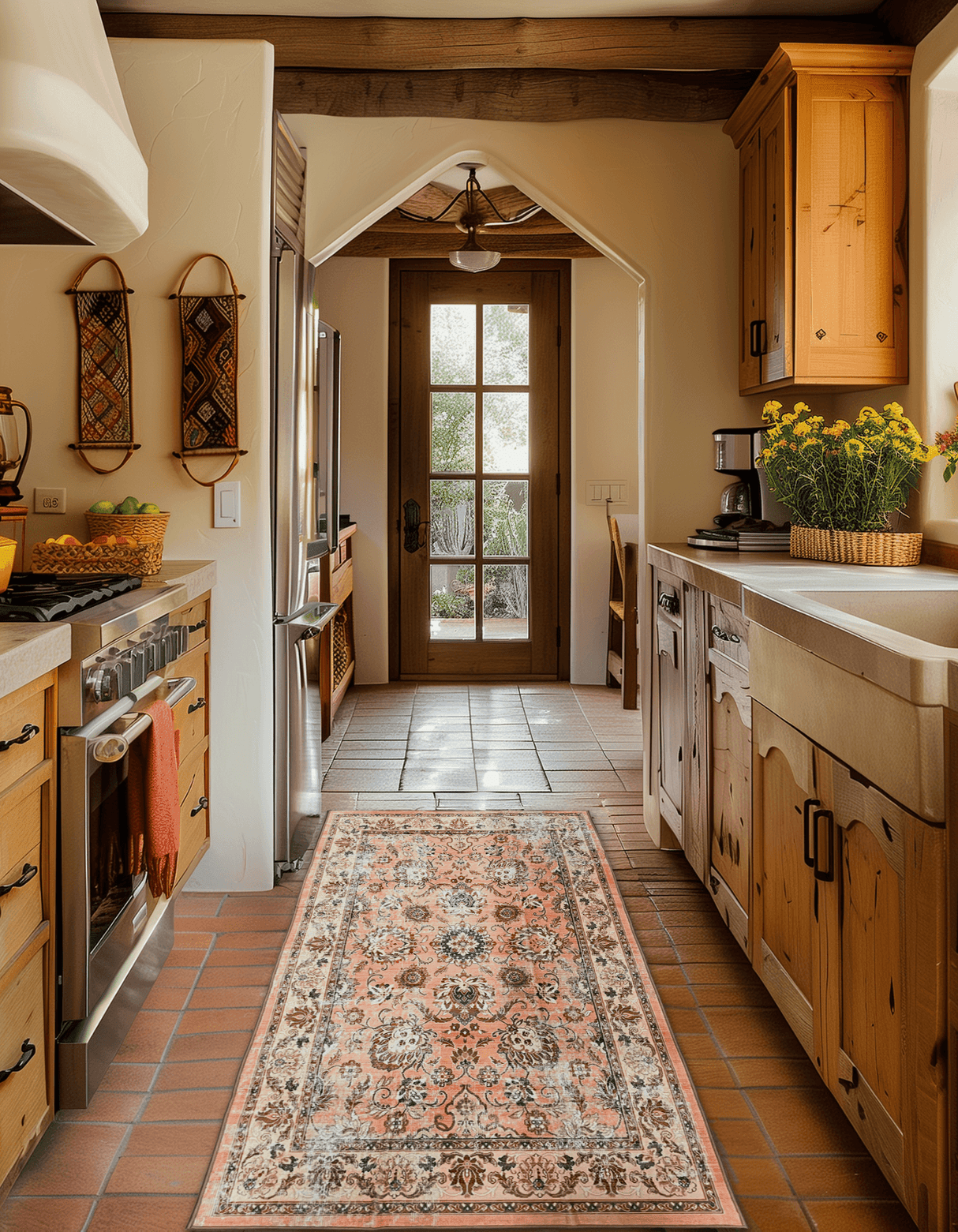 Boho Machine Washable Pink Kitchen Runner