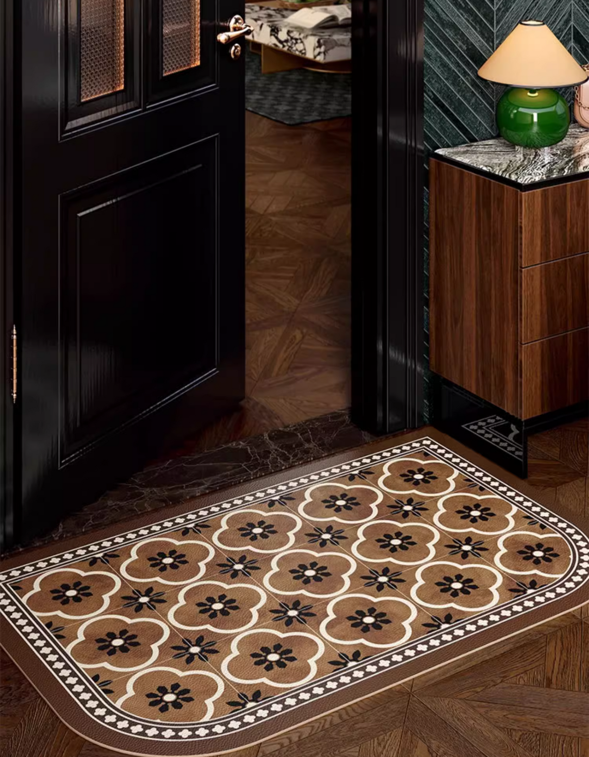 Classic Quatrefoil Door Mat featuring an elegant vintage tile pattern in rich brown hues.