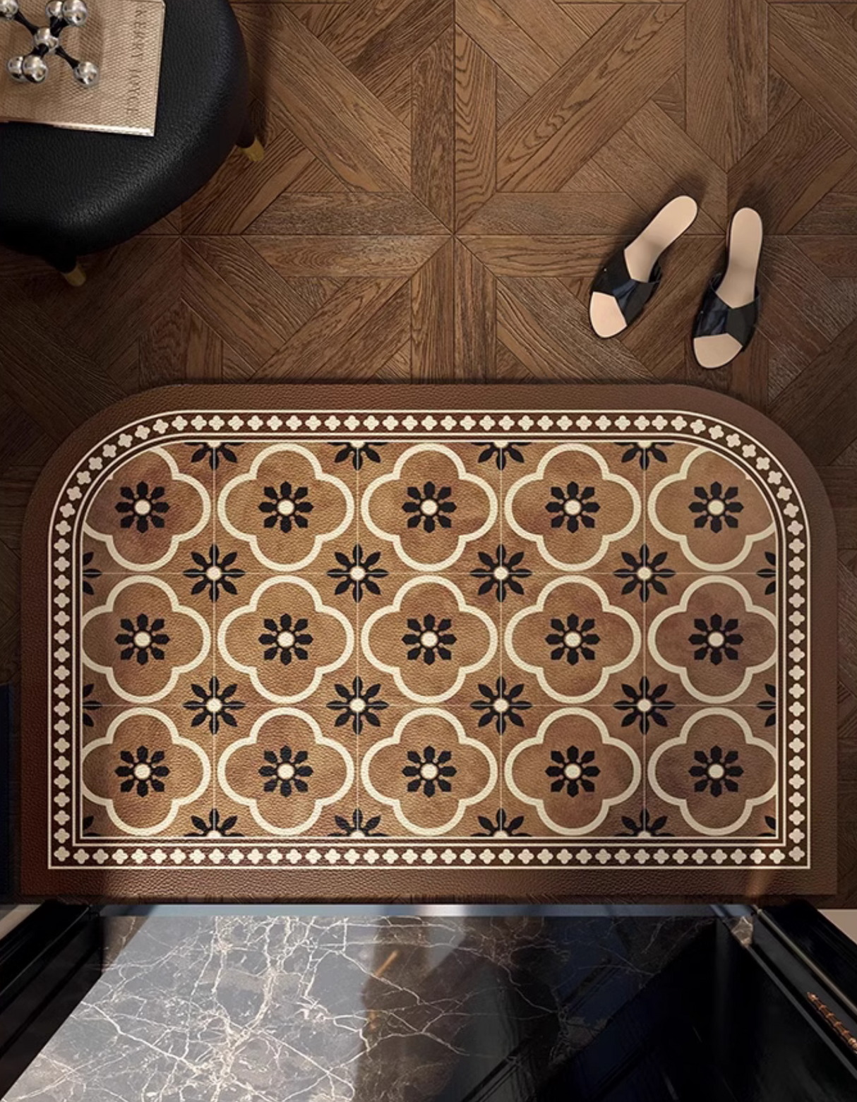 Classic Quatrefoil Door Mat featuring an elegant vintage tile pattern in rich brown hues.