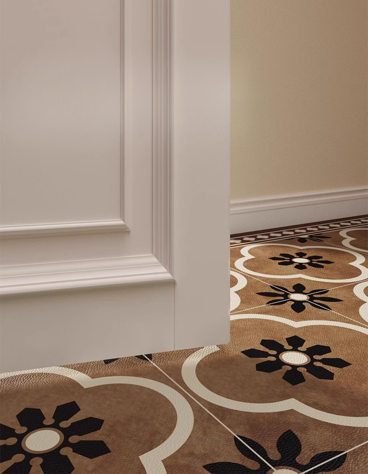 Classic Quatrefoil Door Mat featuring an elegant vintage tile pattern in rich brown hues.