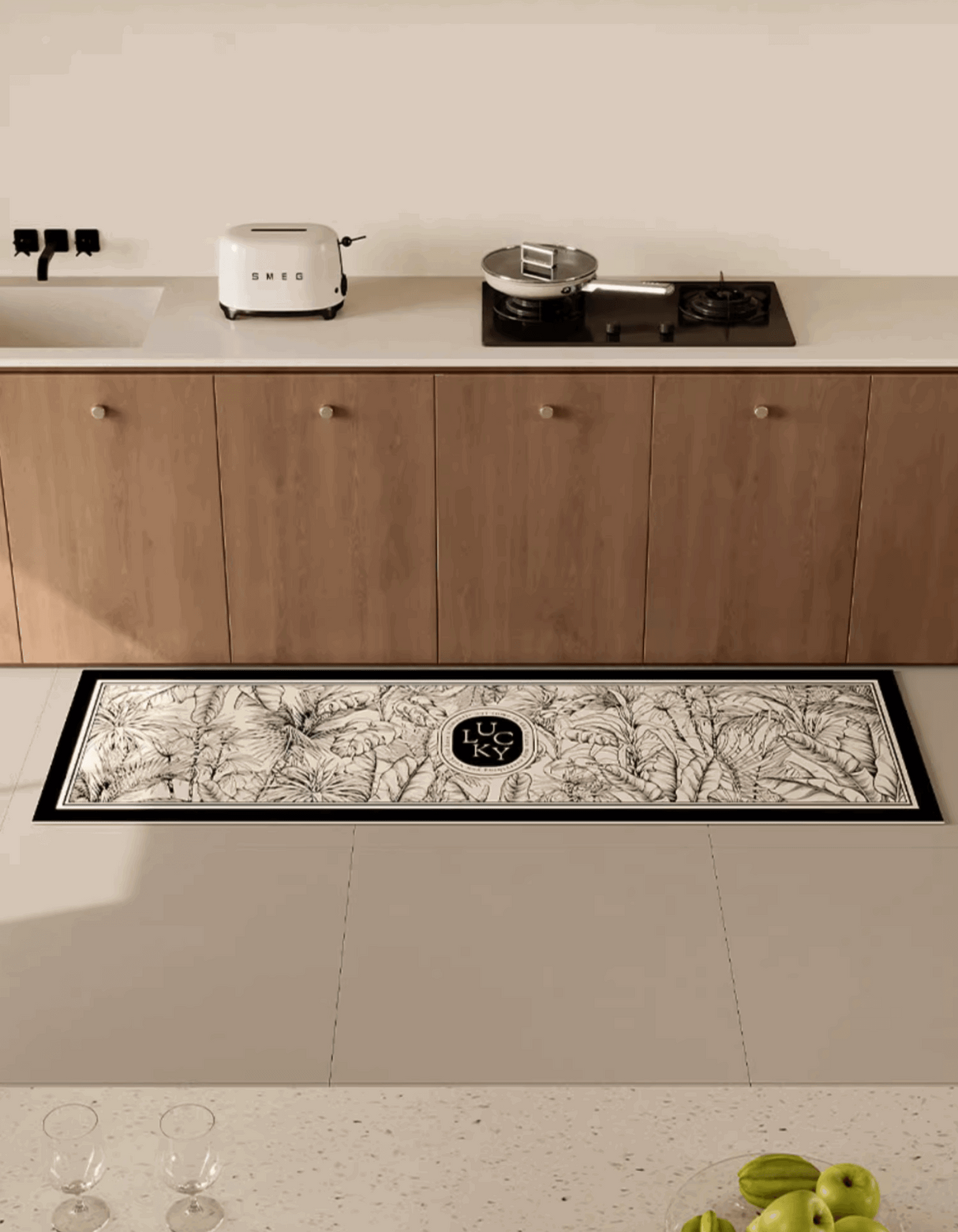 Palm Botanical Kitchen Mat features minimal black and white tropical jungle design. Our stain-resistant and water-proof kitchen rug is perfect for a busy kitchen!