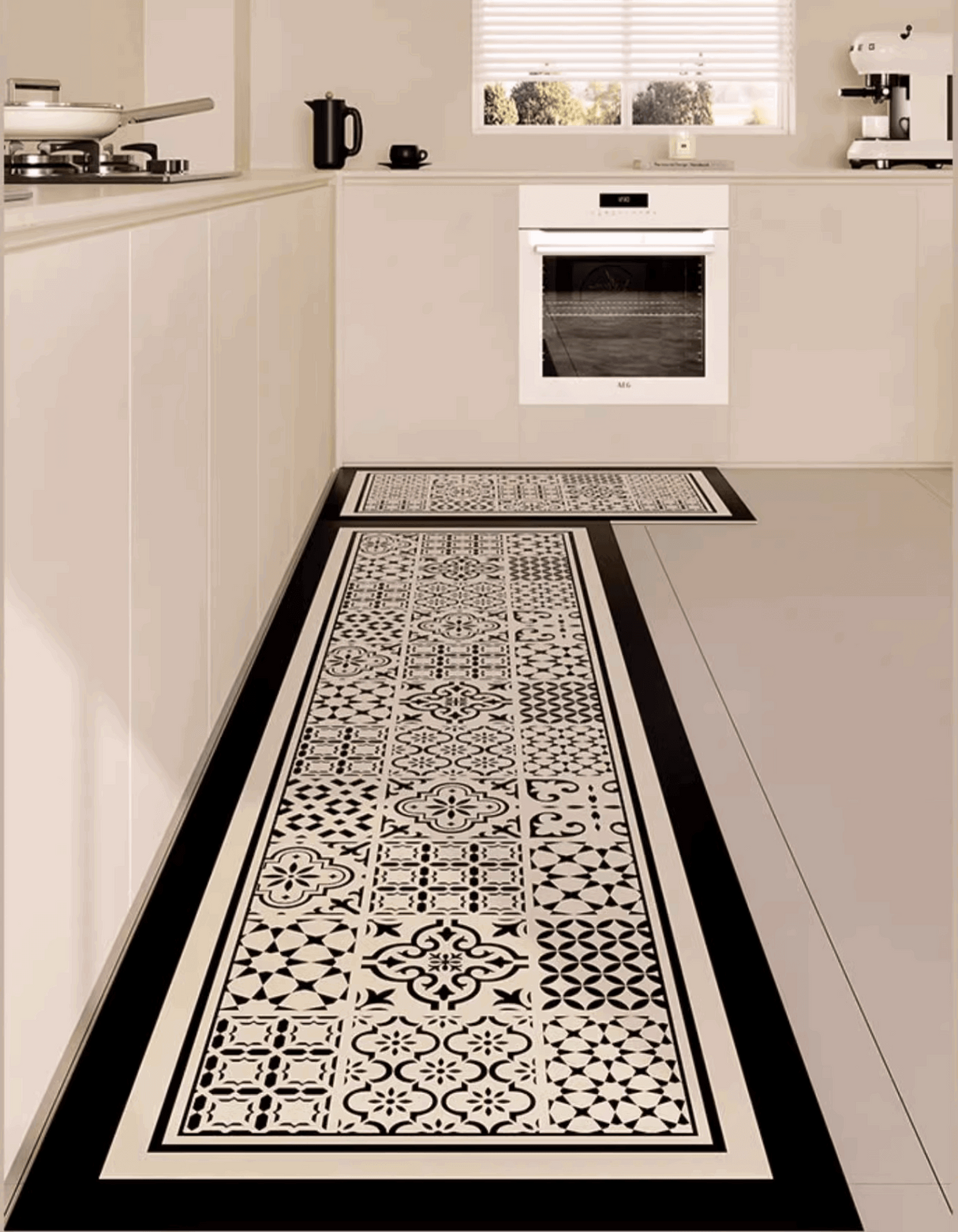 The Classic Patchwork Kitchen Mat features a geometric mosaic tile pattern that complements your home decor. It also prevents accidental slips and spills in the kitchen.