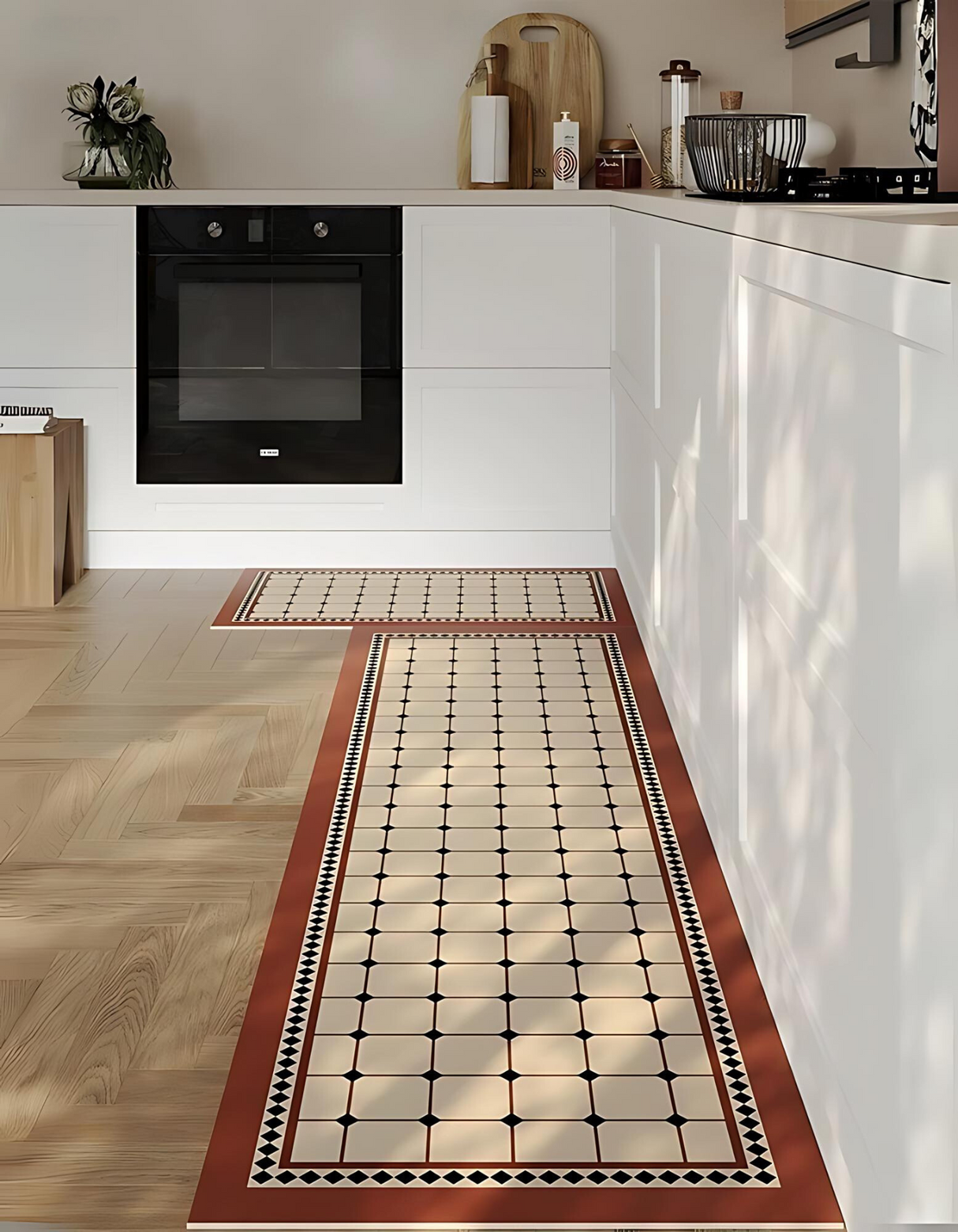 Maison Matta’s Roman Tile Kitchen Mat's tile design and rich rustic color add elegant style to your kitchen. It's anti-slip, cushioned, and easy to maintain