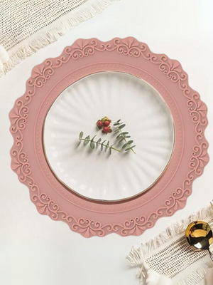 Set de table rond en silicone de style français avec détails en dentelle, lot de 2 - Rose poussiéreux