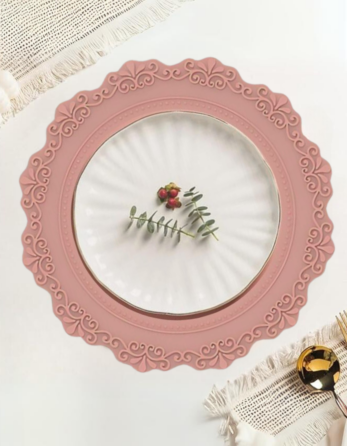 Set de table rond en silicone de style français UnRoll™ avec détails en dentelle - Rose poussiéreux 