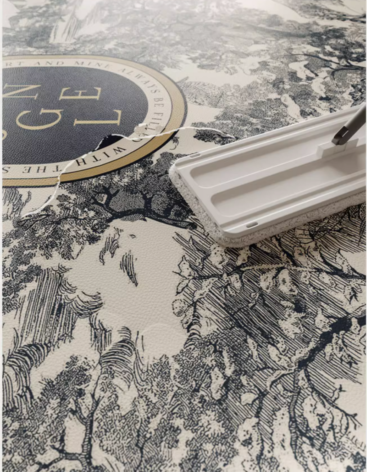 Elevate your entryway with stylish French-inspired, exotic jungle-animal themed Blue Jungle Door Mat. Waterproof, durable & non-slip "Toile de Jouy" print vinyl rug.