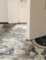 Elevate your entryway with stylish French-inspired, exotic jungle-animal themed Blue Jungle Door Mat. Waterproof, durable & non-slip "Toile de Jouy" print vinyl rug.