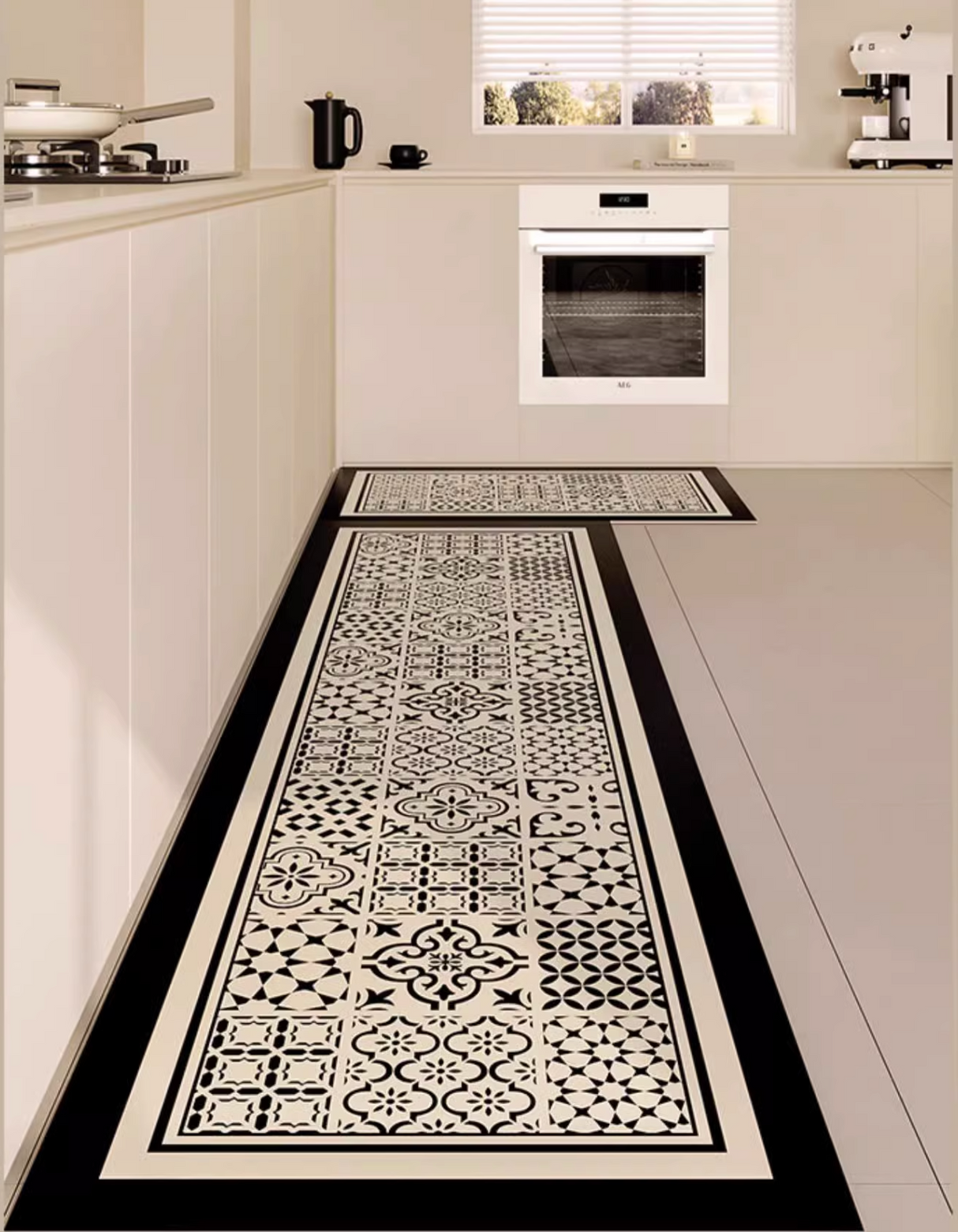 The Classic Patchwork Kitchen Mat features a geometric mosaic tile pattern that complements your home decor. It also prevents accidental slips and spills in the kitchen. 